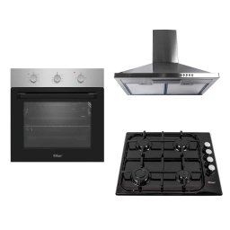 Pachet cuptor incorporabil (0065), 56 x 60 x 56 cm, electric, inox, plita incorporabila email 0041, 60X50X15 cm, gaz butelie sau gaz natural, duze de schimb incluse, hota incorporabila decorativa inox, 63 cm (1925) / SET 30113