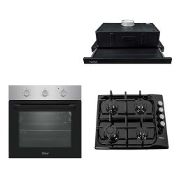 Pachet cuptor incorporabil (0065), 56 x 60 x 56 cm, electric, inox, plita incorporabila email 0034, 60x50x15cm, gaz butelie sau gaz natural duze de schimb incluse, hota 1 motor, putere 140W (1895), 60X50 cm / SET 30110