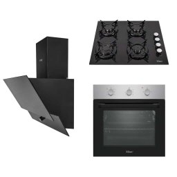 Pachet cuptor incorporabil (0065), 56 x 60 x 56 cm, electric, inox, plita incorporabila (0058), gaz butelie sau gaz natural (duze de schimb incluse), 59×51 cm, aprindere electrica, sticla, hota incorporabila decorativa, 63 cm (1888) / SET 30107