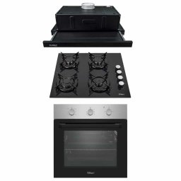Pachet cuptor incorporabil (0065), 56 x 60 x 56 cm, electric, inox, plita incorporabila (0058), gaz butelie sau gaz natural (duze de schimb incluse), 59×51 cm, aprindere electrica, sticla, hota 1 motor, putere 140W (1895), 60X50 cm / SET 30106