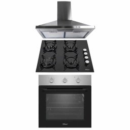 Pachet cuptor incorporabil (0065), 56 x 60 x 56 cm, electric, inox, plita incorporabila (0058), gaz butelie sau gaz natural (duze de schimb incluse), 59×51 cm, aprindere electrica, sticla, hota incorporabila decorativa inox, 63 cm (1925) / SET 30105