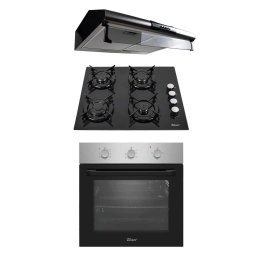 Pachet cuptor incorporabil (0065), 56 x 60 x 56 cm, electric, inox, plita incorporabila (0058), gaz butelie sau gaz natural (duze de schimb incluse), 59×51 cm, aprindere electrica, sticla, hota 2 motoare, inox, putere 2x95W(9676) / SET 30104