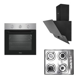 Pachet cuptor incorporabil (0065), 56 x 60 x 56 cm, electric, inox, plita incorporabila inox (1901), 60x50x6 cm, gaz butelie sau gaz natural (duze de schimb incluse), hota incorporabila decorativa, 60 cm (1888) / SET 30098