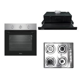 Pachet cuptor incorporabil (0065), 56 x 60 x 56 cm, electric, inox, plita incorporabila inox (1901), 60x50x6 cm, gaz butelie sau gaz natural (duze de schimb incluse), hota 1 motor, putere 140W (1895), 60X50 cm / SET 30097