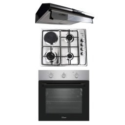 Pachet cuptor incorporabil (0065), 56 x 60 x 56 cm, electric, inox, plita incorporabila inox (1901), 60x50x6 cm, gaz butelie sau gaz natural (duze de schimb incluse), hota 2 motoare, inox, putere 2x95W (9676) / SET 30095
