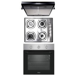 Pachet cuptor incorporabil (0065), 56 x 60 x 56 cm, electric, inox, plita incorporabila inox (1901), 60x50x6 cm, gaz butelie sau gaz natural (duze de schimb incluse), hota 2 motoare putere 2 x 95W (6201) / SET 30094