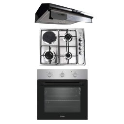 Pachet cuptor incorporabil (0065), 56 x 60 x 56 cm, electric, inox, plita incorporabila (1918), 60x50x6 cm, gaz butelie sau gaz natural (duze de schimb incluse), hota 2 motoare, inox, putere 2x95W (9676) / SET 30090