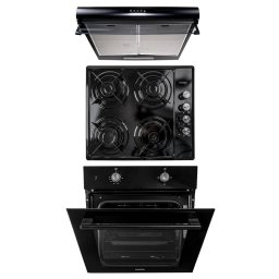 Pachet cuptor incorporabil (1857), capacitate 51L, electric, negru, plita incorporabila (1864), 60x50x6cm, gaz butelie sau gaz natural (duze de schimb incluse), hota 2 motoare putere 2 x 95W (6201) / SET 30083