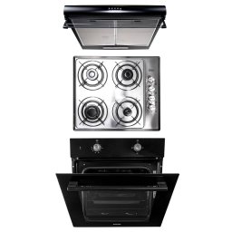 Pachet cuptor incorporabil (1857), capacitate 51L, electric, negru, plita incorporabila inox (1901), 60x50x6 cm, gaz butelie sau gaz natural (duze de schimb incluse), hota 2 motoare putere 2 x 95W (6201) / SET 30081