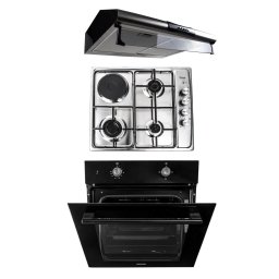 Pachet cuptor incorporabil (1857), capacitate 51L, electric, negru, plita incorporabila (1918), 60x50x6 cm, gaz butelie sau gaz natural (duze de schimb incluse), hota 2 motoare, inox, putere 2x95W (9676) / SET 30080