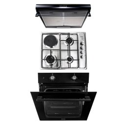 Pachet cuptor incorporabil (1857), capacitate 51L, electric, negru, plita incorporabila (1918), 60x50x6 cm, gaz butelie sau gaz natural (duze de schimb incluse), hota 2 motoare putere 2 x 95W (6201) / SET 30079