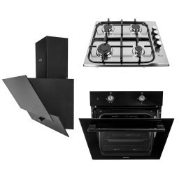 Pachet cuptor incorporabil (1857), capacitate 51L, electric, plita incorporabila inox (0027), 50 X 60 cm, gaz butelie sau gaz natural (duze de schimb incluse) , aprindere electrica si hota incorporabila decorativa, 60 cm (1888) / SET 30078
