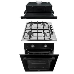 Pachet cuptor incorporabil (1857), capacitate 51L, electric, plita incorporabila inox (0027), 50 X 60 cm, gaz butelie sau gaz natural (duze de schimb incluse), aprindere electrica si hota 1 motor, putere 140W (1895), 60X50 cm / SET 30077