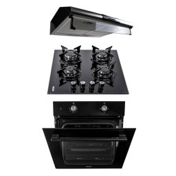 Pachet cuptor incorporabil (1857), capacitate 51L, electric, plita incorporabila sticla (1871), 65x60x15 cm, gaz butelie sau gaz natural (duze de schimb incluse), hota perete 2 motoare Inox (9676), 2 x 95w / SET 30074