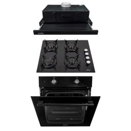 Pachet cuptor incorporabil (1857), capacitate 51L, electric, negru, plita incorporabila (0058), gaz butelie sau gaz natural (duze de schimb incluse), 59x51 cm, aprindere electrica, sticla neagra, hota 1 motor, putere 140W (1895), 60X50 cm / SET 30063