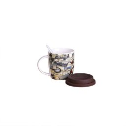 Cana din ceramica cu lingurita si capac de silicon, decor Romania, capacitate 300ml / CD841