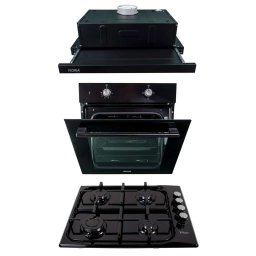 Pachet cuptor incorporabil (1857), capacitate 51L, electric, negru, plita incorporabila email (0034), 50 x 60 cm, gaz butelie sau gaz natural (duze de schimb incluse), hota 1 motor, putere 140W (1895), 60X50 cm / SET 30127