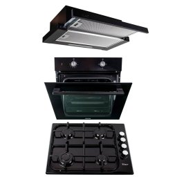 Pachet cuptor incorporabil (1857), capacitate 51L, electric, negru, plita incorporabila email (0034), 50 x 60 cm, gaz butelie sau gaz natural (duze de schimb incluse), hota incorporabila telescopica 2 motoare 3680, 2 x 95w / SET 30125