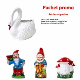 Pachet promo - lebada ghiveci plastic 53cm, pitic plastic 38cm x 2, ciuperca decor ceramica fata 25cm / EXT 6073_1