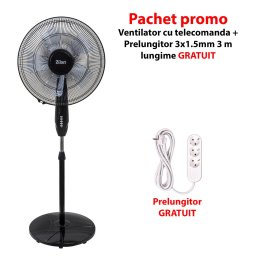 Pachet promo - Ventilator cu picior si inaltime reglabila , 3 viteze, putere 60W,temporizator,pozitie fixa sau rotativa + Prelungitor 3x1.5mm lungime 3m / ZLN 1178_1