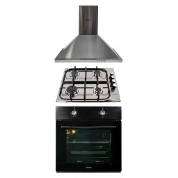 Pachet cuptor incorporabil, 1857, capacitate 51L, electric, negru, plita incorporabila inox 0027, 60x50x15cm gaz butelie sau gaz natural, duze de schimb incluse, aprindere electrica, hota incorporabila decorativa inox, 63 cm, 1925 / SET 30049