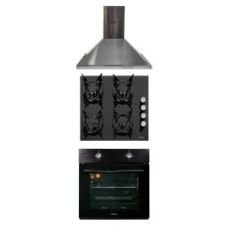 Pachet cuptor incorporabil 1857, capacitate 51L, electric, negru, plita incorporabila sticla, 65x60x15 cm, gaz butelie sau gaz natural, duze de schimb incluse, aprindere electrica 0058, hota incorporabila decorativa inox, 63 cm 1925 / SET 30048