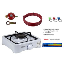 Pachet aragaz 1 ochi, 27x27 cm. (ceas pentru butelie, 2 m furtun pentru gaz, 3 coliere pentru furtun, aprinzator, culoare: alb) cod: ZLN 0018W_A