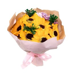 Buchet multicolor 7 floarea soarelui + 4 trandafiri din sapun / CD4450-Roz