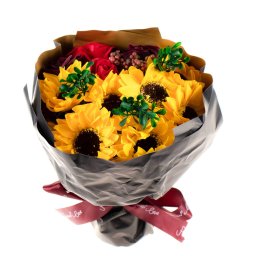 Buchet multicolor 7 floarea soarelui + 4 trandafiri din sapun / CD4450-Rosu