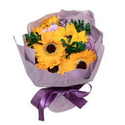 Buchet multicolor 7 floarea soarelui + 4 trandafiri din sapun / CD4450-Mov