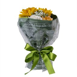 Buchet multicolor 11 trandafiri si floarea soarelui din sapun, verde / CD 4451_verde