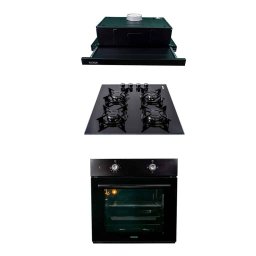 Pachet cuptor incorporabil (1857), capacitate 51l, electric, negru, plita incorporabila, sticla (1871), 52x60x15 cm, gaz butelie sau gaz natural(duze de schimb incluse), hota 1 motor, putere 140W (1895), 60x50 cm / SET 30018