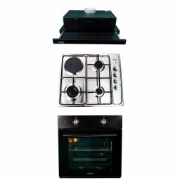 Pachet cuptor incorporabil (1857), capacitate 51l, electric, negru, plita incorporabila inox (1918), 60x50x6cm, gaz butelie sau gaz natural (duze de schimb incluse), hota 1 motor, putere 140W (1895), 60x50 cm / SET 30019