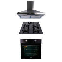 Pachet cuptor incorporabil (1857), capacitate 51l, electric, negru, plita incorporabila sticla (1871), 52x60x15 cm, gaz butelie sau gaz natural (duze de schimb incluse), hota incorporabila decorativa inox, 63 cm (1925) / SET 30026