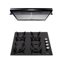 Pachet plita incorporabila (0058), gaz butelie sau gaz natural (duze de schimb incluse), 59x51 cm, aprindere electrica, sticla neagra si hota perete 2 motoare (6201), 2 x 95w / SET 30005