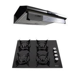 Pachet plita incorporabila (0058), gaz butelie sau gaz natural (duze de schimb incluse), 59x51 cm, aprindere electrica, sticla neagra si hota perete 2 motoare Inox (9676), 2 x 95w / SET 30006
