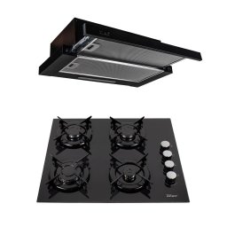 Pachet plita incorporabila (0058), gaz butelie sau gaz natural (duze de schimb incluse), 59x51 cm, aprindere electrica, sticla neagra si hota Incorporabila telescopica 2 motoare (3680), 2 x 95w / SET 30007