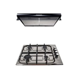 Pachet plita incorporabila inox (0027), 50 X 60 cm, gaz butelie sau gaz natural (duze de schimb incluse), aprindere electrica si hota 2 motoare putere 2 x 95W (6201) / SET 30014