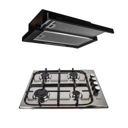 Pachet plita incorporabila inox (0027), 50 X 60 cm, gaz butelie sau gaz natural (duze de schimb incluse), aprindere electrica si hota incorporabila telescopica 2 motoare 2 x 95w (3680) / SET 30016