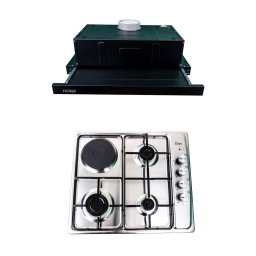 Pachet plita incorporabila inox (1918), 60x50x6 cm, gaz butelie sau gaz natural (duze de schimb incluse), hota 1 motor, putere 140W (1895), 60X50 / SET 30031