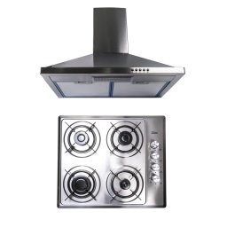Pachet plita incorporabila inox (1901), 60x50x6 cm, gaz butelie sau gaz natural (duze de schimb incluse), hota incorporabila decorativa inox, 63 cm (1925) / SET 30040