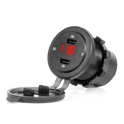 Incarcator auto impermeabil AMiO cu 2 porturi USB-C si voltmetru 12/24V