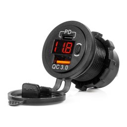 Incarcator auto impermeabil AMiO USB si USB-C QC3.0 cu voltmetru 12/24V