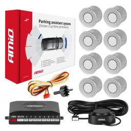 Set senzori de parcare AMiO cu 8 senzori argintii si buzzer, 12V