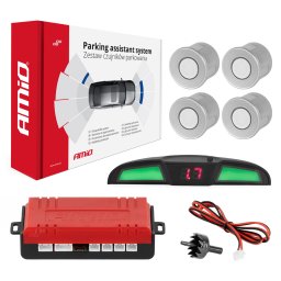 Set senzori de parcare AMiO cu 4 senzori argintii, afisaj LED si buzzer