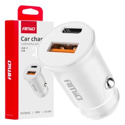 Incarcator auto AMiO 20W cu USB-A si USB-C, alb, 12-24V