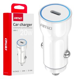 Incarcator auto USB-C 20W AMiO, incarcare rapida 12-24V, alb