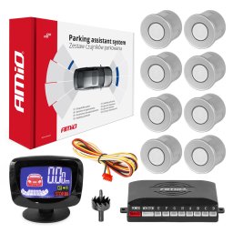 Set senzori de parcare AMiO cu 8 senzori argintii si afisaj LED fata-spate