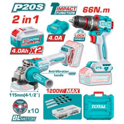 Kit TOTAL 20V cu bormasina cu impact si polizor unghiular, 2x 4.0Ah
