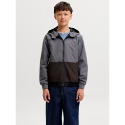 Jack & Jones Jacheta softshell, baieti, cu gluga, Regular fit, Gri inchis (SELECTATI MARIMEA: 140 cm)